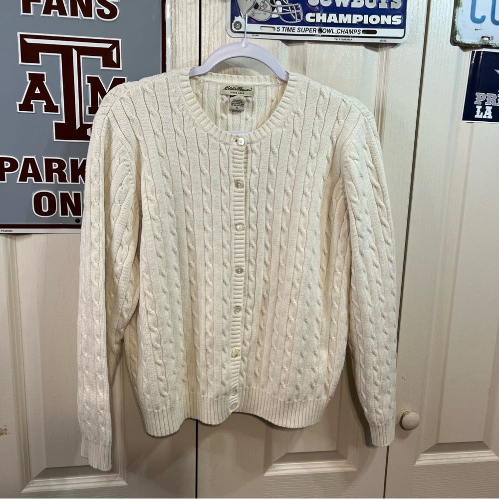Eddie Bauer Cream Cable-Knit Button-Up Sweater